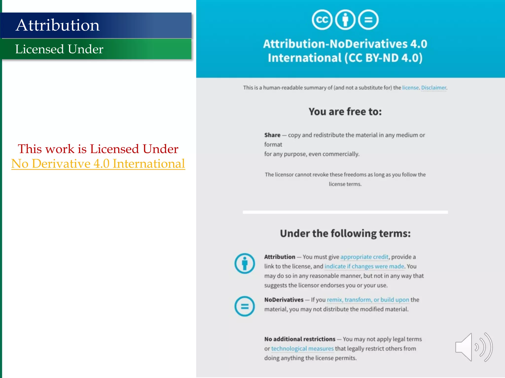 3
Attribution
Licensed Under
This work is Licensed Under
No Derivative 4.0 International
 