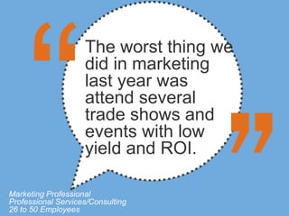 The worst thing we
                    did in marketing
                    last year was
                    attend several
                    trade shows and
                    events with low
                    yield and ROI.

Marketing Professional
Professional Services/Consulting
26 to 50 Employees
 