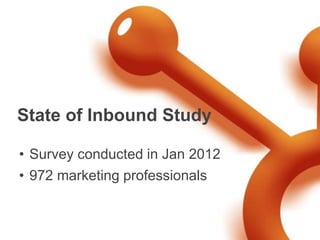 State of Inbound Study

• Survey conducted in Jan 2012
• 972 marketing professionals
 