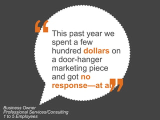 This past year we
                       spent a few
                       hundred dollars on
                       a door-hanger
                       marketing piece
                       and got no
                       response—at all.

Business Owner
Professional Services/Consulting
1 to 5 Employees
 