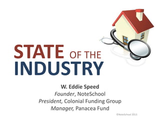 STATE OF THE
W. Eddie Speed
Founder, NoteSchool
President, Colonial Funding Group
Manager, Panacea Fund
INDUSTRY
©NoteSchool 2013
 