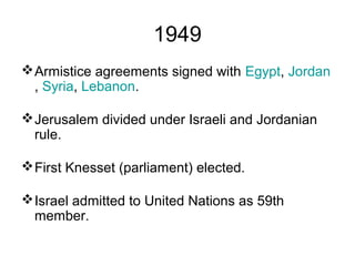 1949
Armistice agreements signed with Egypt, Jordan
, Syria, Lebanon.
Jerusalem divided under Israeli and Jordanian
rule.
First Knesset (parliament) elected.
Israel admitted to United Nations as 59th
member.
 