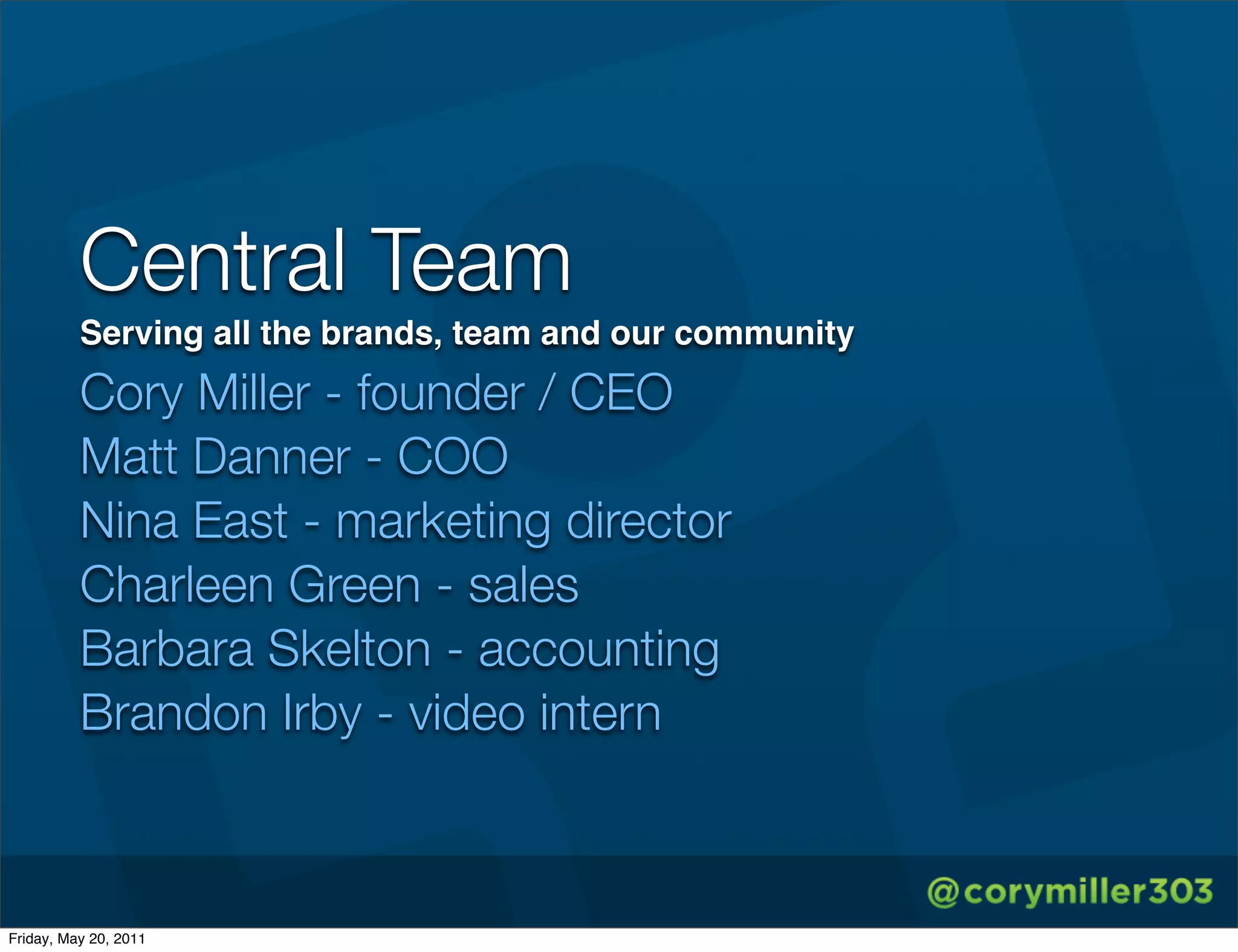 Central Team
          Serving all the brands, team and our community
          Cory Miller - founder / CEO
          Matt Danner - COO
          Nina East - marketing director
          Charleen Green - sales
          Barbara Skelton - accounting
          Brandon Irby - video intern



Friday, May 20, 2011
 