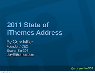 2011 State of
            iThemes Address
           By Cory Miller
           Founder / CEO
           @corymiller303
           cory@ithemes.com



Friday, May 20, 2011
 