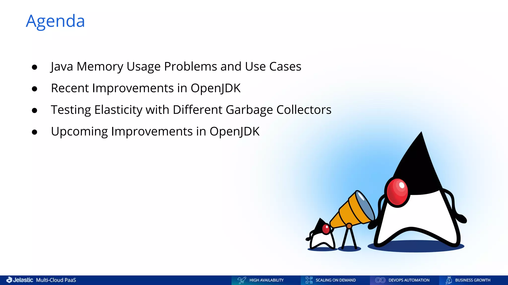 Agenda ● Java Memory Usage Problems and Use Cases ● Recent Improvements in OpenJDK ● Testing Elasticity with Diﬀerent Garbage Collectors ● Upcoming Improvements in OpenJDK 