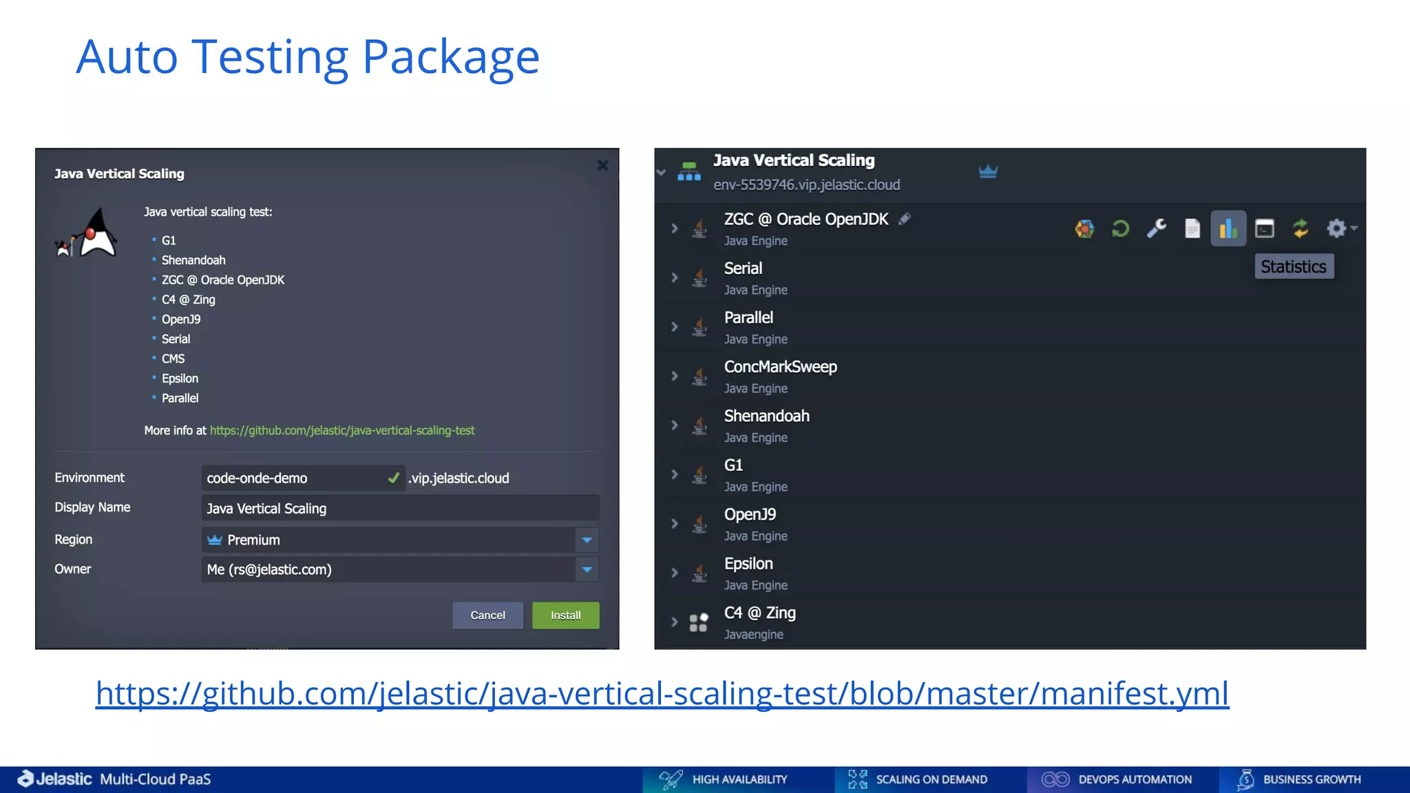Auto Testing Package https://github.com/jelastic/java-vertical-scaling-test/blob/master/manifest.yml 