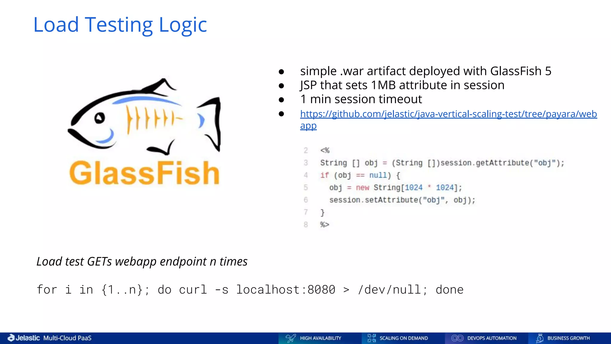 ● simple .war artifact deployed with GlassFish 5 ● JSP that sets 1MB attribute in session ● 1 min session timeout ● https://github.com/jelastic/java-vertical-scaling-test/tree/payara/web app Load Testing Logic Load test GETs webapp endpoint n times for i in {1..n}; do curl -s localhost:8080 > /dev/null; done 