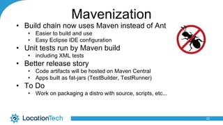 Mavenization
• Build chain now uses Maven instead of Ant
• Easier to build and use
• Easy Eclipse IDE configuration
• Unit tests run by Maven build
• including XML tests
• Better release story
• Code artifacts will be hosted on Maven Central
• Apps built as fat-jars (TestBuilder, TestRunner)
• To Do
• Work on packaging a distro with source, scripts, etc...
22
 