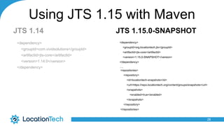 Using JTS 1.15 with Maven
JTS 1.14
28
<dependency>
<groupId>com.vividsolutions</groupId>
<artifactId>jts-core</artifactId>
<version>1.14.0</version>
</dependency>
JTS 1.15.0-SNAPSHOT
<dependency>
<groupId>org.locationtech.jts</groupId>
<artifactId>jts-core</artifactId>
<version>1.15.0-SNAPSHOT</version>
</dependency>
….
<repositories>
<repository>
<id>locationtech-snapshots</id>
<url>https://repo.locationtech.org/content/groups/snapshots</url>
<snapshots>
<enabled>true</enabled>
</snapshots>
</repository>
</repositories>
 