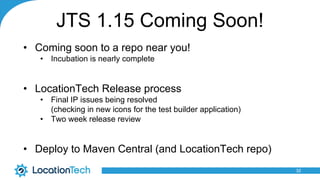 JTS 1.15 Coming Soon!
• Coming soon to a repo near you!
• Incubation is nearly complete
• LocationTech Release process
• Final IP issues being resolved
(checking in new icons for the test builder application)
• Two week release review
• Deploy to Maven Central (and LocationTech repo)
32
 