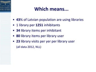 Which means... 
• 43% of Latvian population are using libraries 
• 1 library per 1251 inhibitants 
• 34 library items per inhibitant 
• 80 library items per library user 
• 23 library visits per yer per library user 
(all data 2012, NLL) 
 