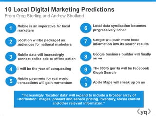 10 Local Digital Marketing Predictions
From Greg Sterling and Andrew Shotland

      Mobile is an imperative for local             Local data syndication becomes
  1   marketers                               6     progressively richer


      Location will be packaged as                  Google will push more local
  2   audiences for national marketers
                                              7     information into its search results


      Mobile data will increasingly                 Google business builder will finally
  3   connect online ads to offline action    8     arrive


  4   It will be the year of conquesting            The 800lb gorilla will be Facebook
                                              9     Graph Search
      Mobile payments for real world           1
  5   transactions will gain momentum               Apple Maps will sneak up on us
                                               0

         “Increasingly „location data‟ will expand to include a broader array of
      information: images, product and service pricing, inventory, social content
                            and other relevant information.”
 