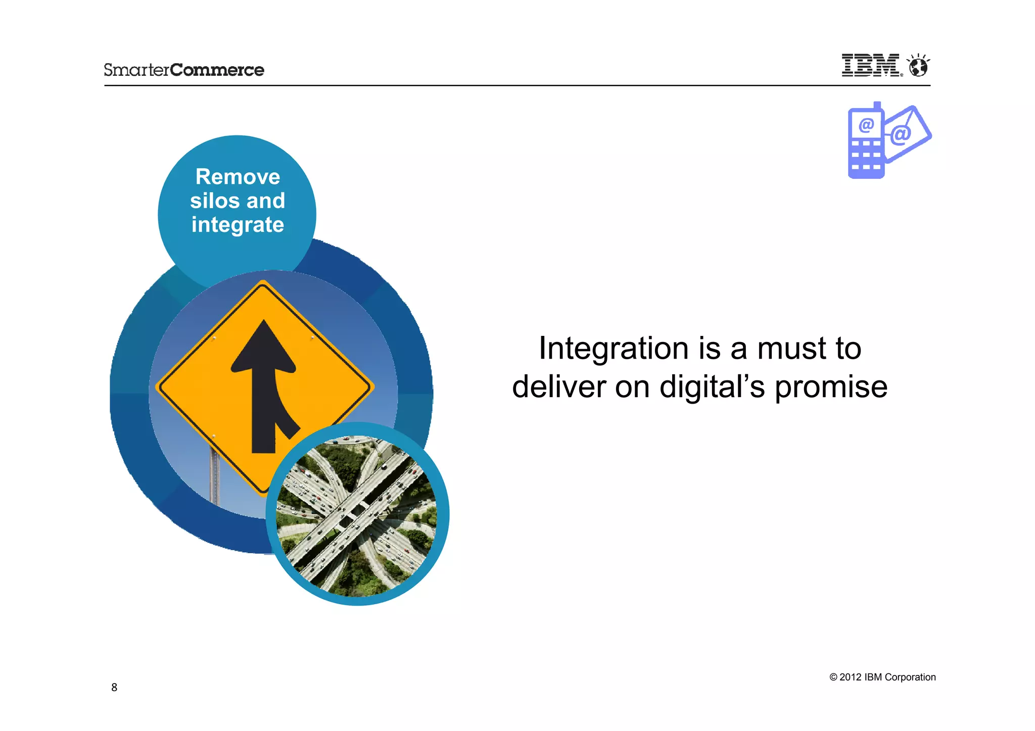 Remove
    silos and
    integrate




                 Integration is a must to
                deliver on digital’s promise




                                       © 2012 IBM Corporation
8
 