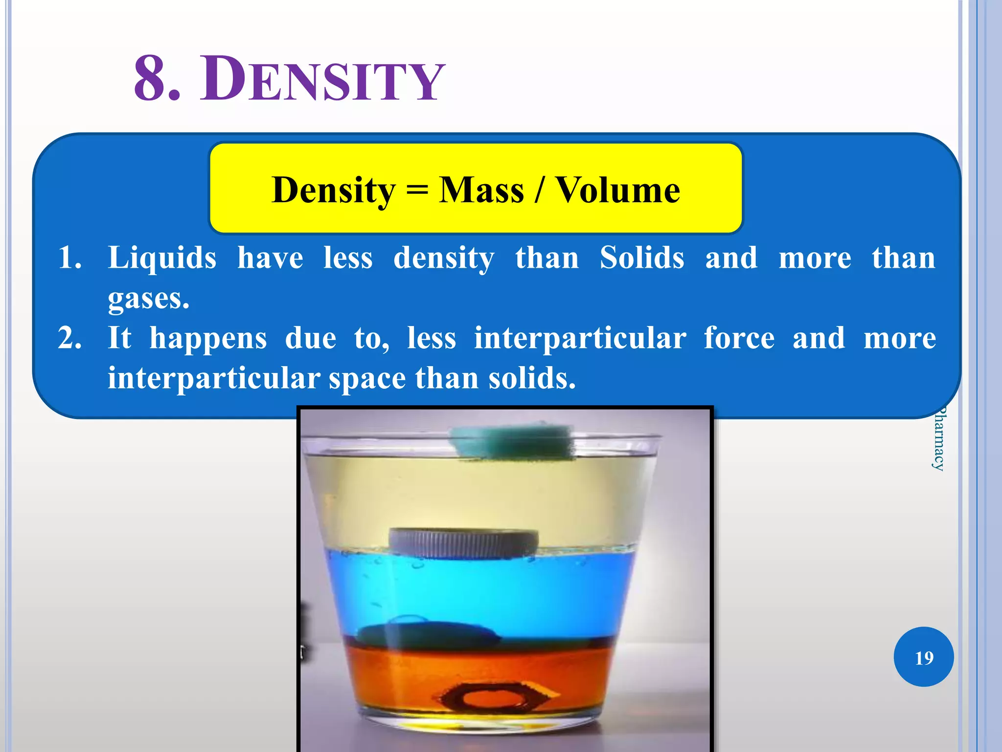 19
DKPatilInstituteofPharmacy
8. DENSITY
1. Liquids have less density than Solids and more than
gases.
2. It happens due to, less interparticular force and more
interparticular space than solids.
Density = Mass / Volume
 