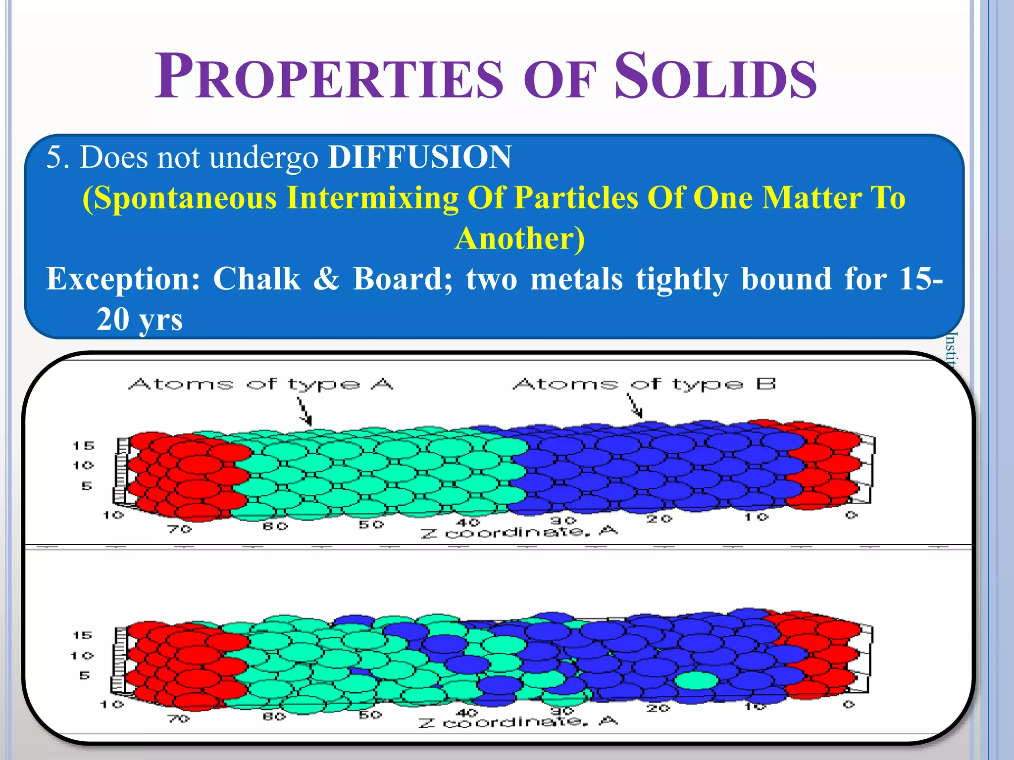 9
DKPatilInstituteofPharmacy
PROPERTIES OF SOLIDS
5. Does not undergo DIFFUSION
(Spontaneous Intermixing Of Particles Of One Matter To
Another)
Exception: Chalk & Board; two metals tightly bound for 15-
20 yrs
 