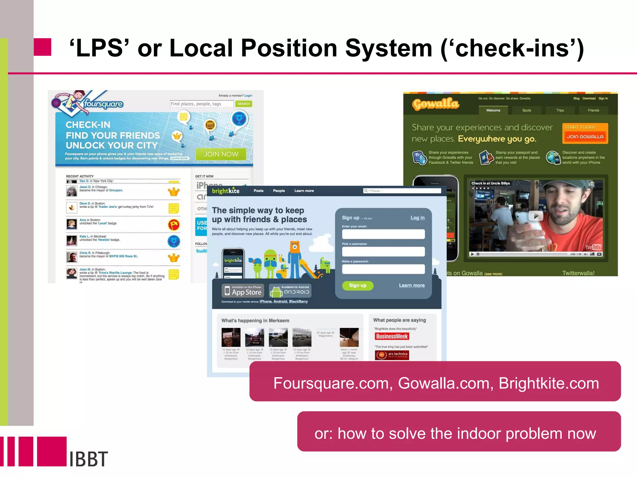 ‘ LPS’ or Local Position System (‘check-ins’) Foursquare.com, Gowalla.com, Brightkite.com or: how to solve the indoor problem now  