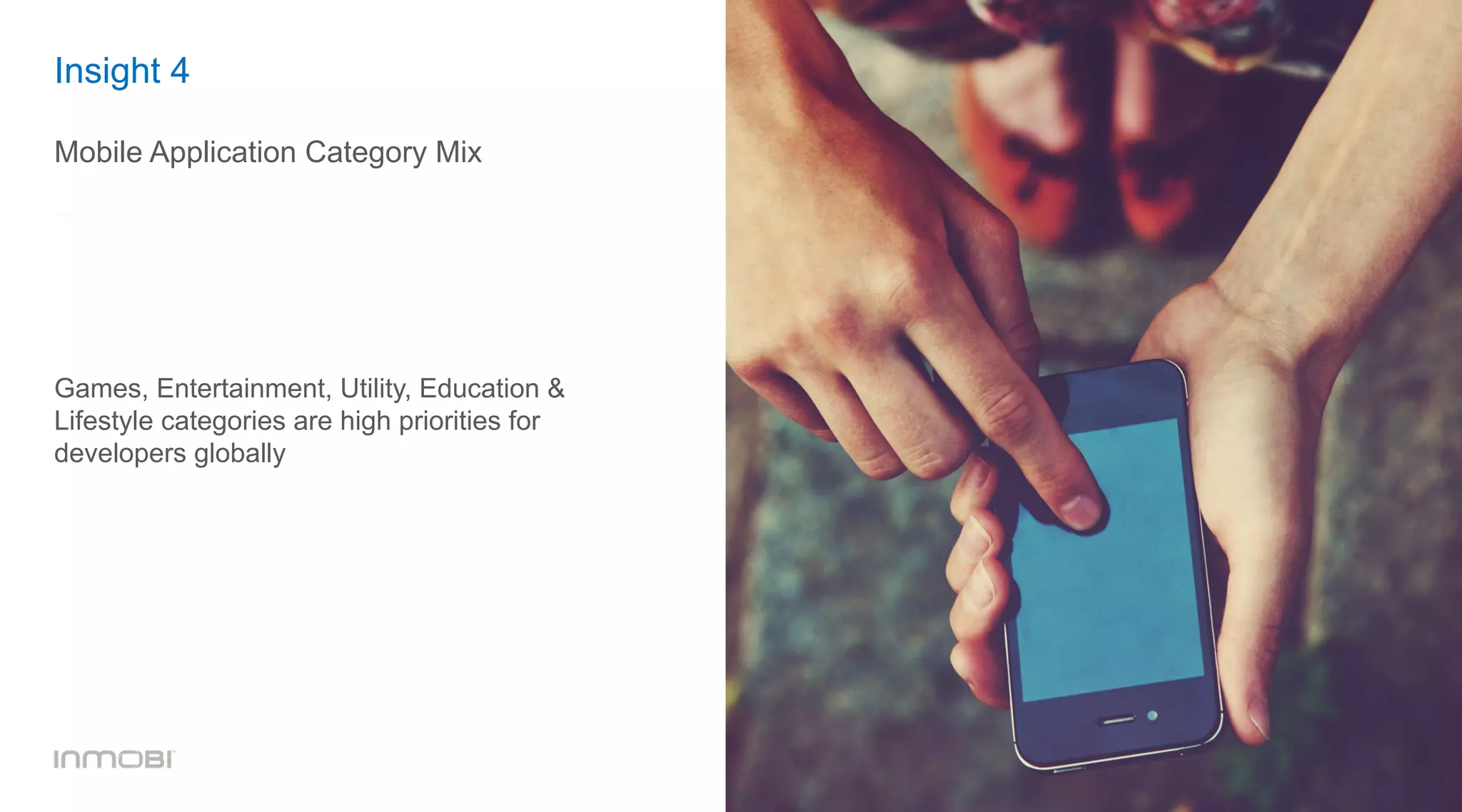 Insight 4
Mobile Application Category Mix
Games, Entertainment, Utility, Education &
Lifestyle categories are high priorities for
developers globally
 