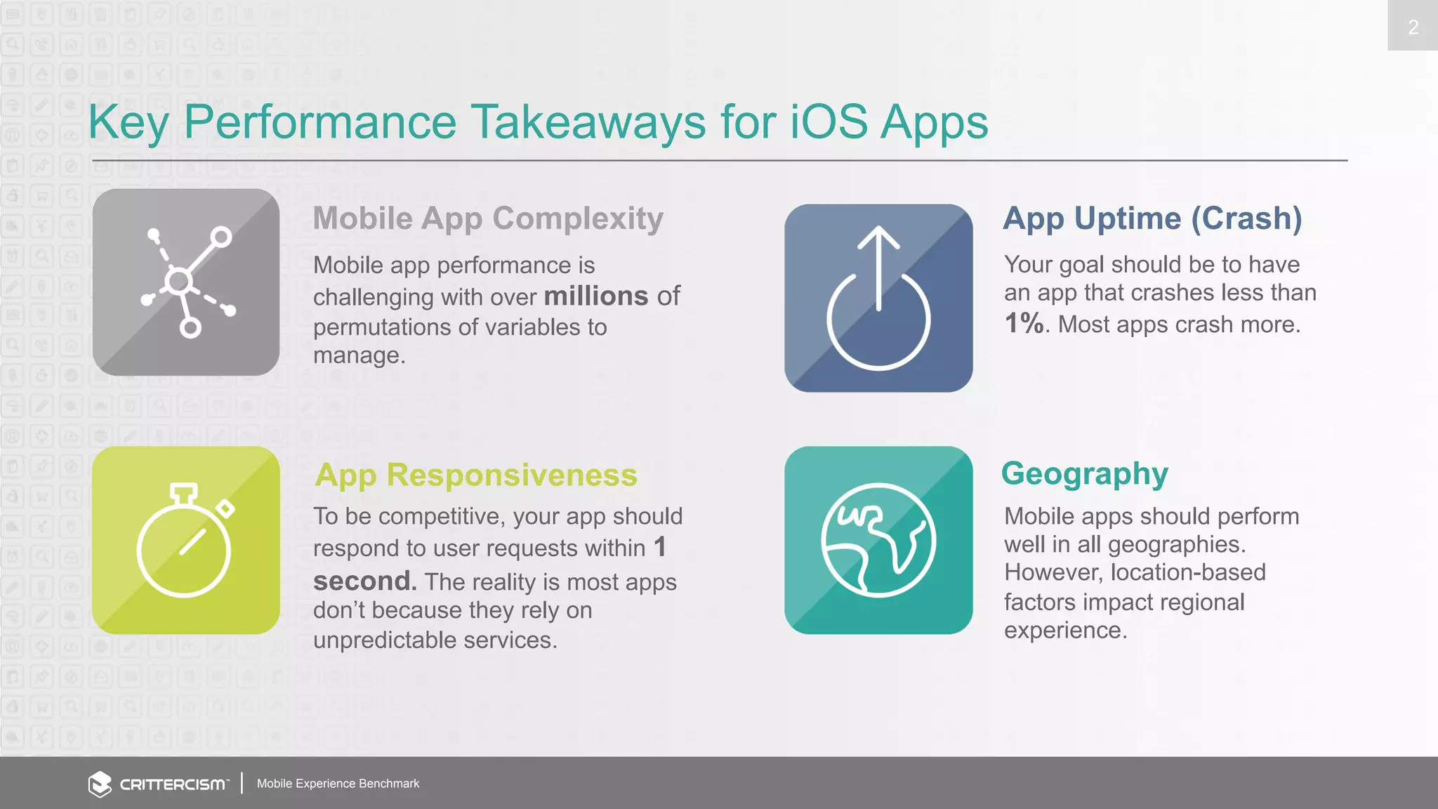 Key Performance Takeaways for iOS Apps 
Mobile App Complexity 
App Responsiveness 
Mobile Experience Benchmark 
2 
Mobile app performance is 
challenging with over millions of 
permutations of variables to 
manage. 
To be competitive, your app should 
respond to user requests within 1 
second. The reality is most apps 
don’t because they rely on 
unpredictable services. 
App Uptime (Crash) 
Your goal should be to have 
an app that crashes less than 
1%. Most apps crash more. 
Geography 
Mobile apps should perform 
well in all geographies. 
However, location-based 
factors impact regional 
experience. 
 