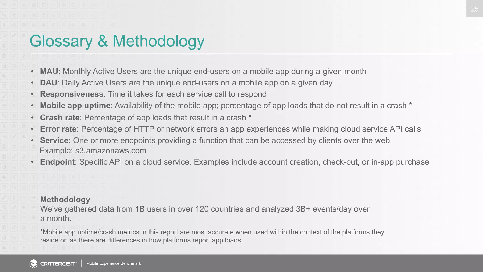 Mobile Experience Benchmark 
25 
Glossary & Methodology 
• MAU: Monthly Active Users are the unique end-users on a mobile app during a given month 
• DAU: Daily Active Users are the unique end-users on a mobile app on a given day 
• Responsiveness: Time it takes for each service call to respond 
• Mobile app uptime: Availability of the mobile app; percentage of app loads that do not result in a crash * 
• Crash rate: Percentage of app loads that result in a crash * 
• Error rate: Percentage of HTTP or network errors an app experiences while making cloud service API calls 
• Service: One or more endpoints providing a function that can be accessed by clients over the web. 
Example: s3.amazonaws.com 
• Endpoint: Specific API on a cloud service. Examples include account creation, check-out, or in-app purchase 
Methodology 
We’ve gathered data from 1B users in over 120 countries and analyzed 3B+ events/day over 
a month. 
*Mobile app uptime/crash metrics in this report are most accurate when used within the context of the platforms they 
reside on as there are differences in how platforms report app loads. 
