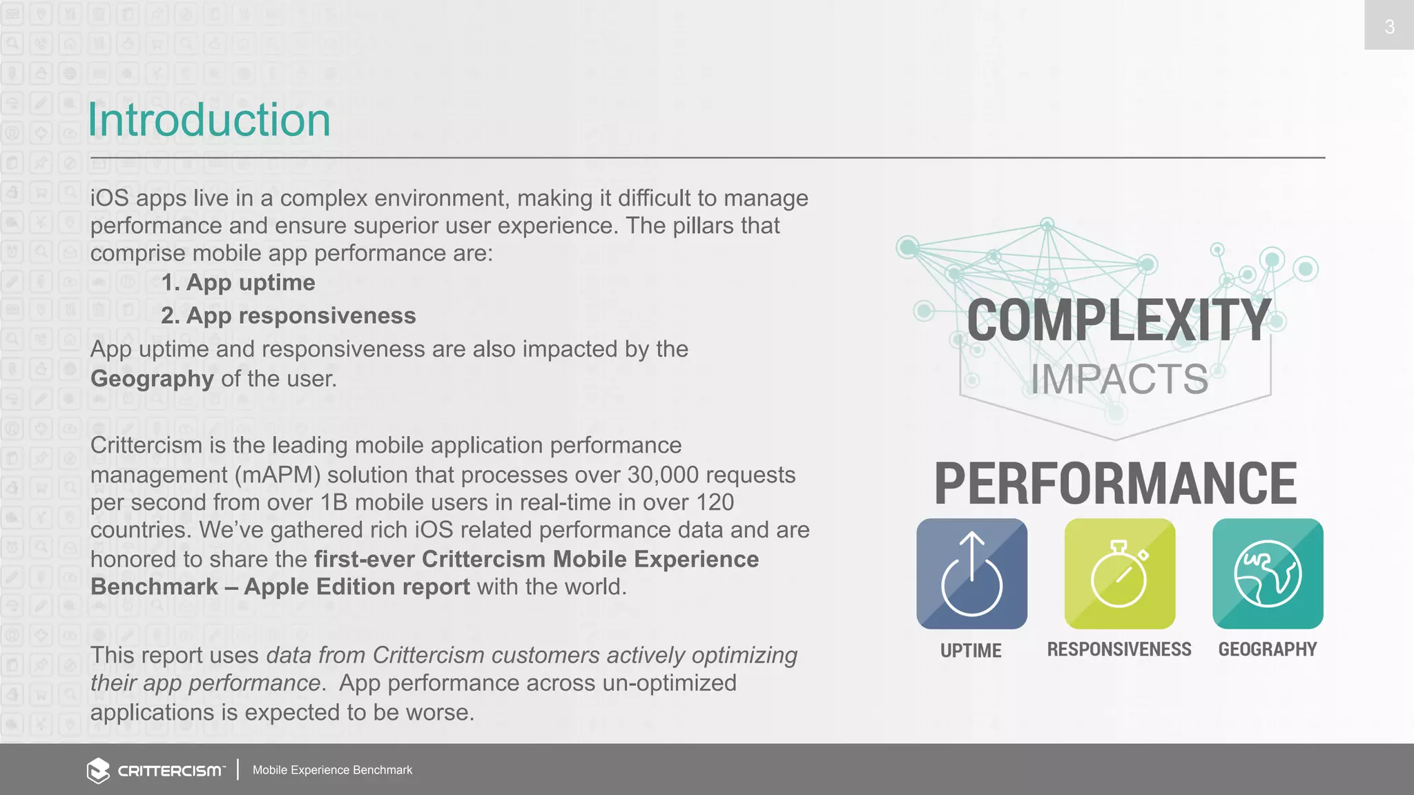 Introduction 
Mobile Experience Benchmark 
3 
iOS apps live in a complex environment, making it difficult to manage 
performance and ensure superior user experience. The pillars that 
comprise mobile app performance are: 
1. App uptime 
2. App responsiveness 
App uptime and responsiveness are also impacted by the 
Geography of the user. 
Crittercism is the leading mobile application performance 
management (mAPM) solution that processes over 30,000 requests 
per second from over 1B mobile users in real-time in over 120 
countries. We’ve gathered rich iOS related performance data and are 
honored to share the first-ever Crittercism Mobile Experience 
Benchmark – Apple Edition report with the world. 
This report uses data from Crittercism customers actively optimizing 
their app performance. App performance across un-optimized 
applications is expected to be worse. 
 