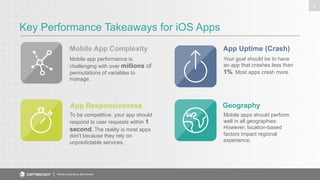 Key Performance Takeaways for iOS Apps 
Mobile App Complexity 
App Responsiveness 
Mobile Experience Benchmark 
2 
Mobile app performance is 
challenging with over millions of 
permutations of variables to 
manage. 
To be competitive, your app should 
respond to user requests within 1 
second. The reality is most apps 
don’t because they rely on 
unpredictable services. 
App Uptime (Crash) 
Your goal should be to have 
an app that crashes less than 
1%. Most apps crash more. 
Geography 
Mobile apps should perform 
well in all geographies. 
However, location-based 
factors impact regional 
experience. 
 