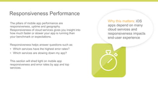 8 
Responsiveness Performance 
The pillars of mobile app performance are 
responsiveness, uptime and geography. 
Responsiveness of cloud services gives you insight into 
how much faster or slower your app is running than 
your benchmark or expectations. 
Responsiveness helps answer questions such as: 
• Which services have the highest error rates? 
• Which services are slowing down my app? 
This section will shed light on mobile app 
responsiveness and error rates by app and top 
services. 
Why this matters: iOS 
apps depend on many 
cloud services and 
responsiveness impacts 
end-user experience 
 