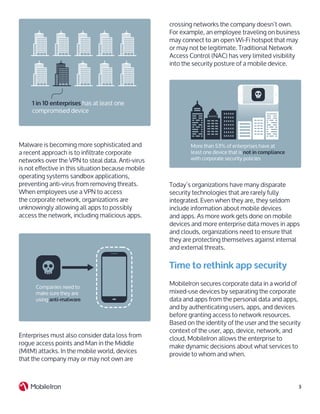 3
Malware is becoming more sophisticated and
a recent approach is to infiltrate corporate
networks over the VPN to steal data. Anti-virus
is not effective in this situation because mobile
operating systems sandbox applications,
preventing anti-virus from removing threats.
When employees use a VPN to access
the corporate network, organizations are
unknowingly allowing all apps to possibly
access the network, including malicious apps.
crossing networks the company doesn’t own.
For example, an employee traveling on business
may connect to an open Wi-Fi hotspot that may
or may not be legitimate. Traditional Network
Access Control (NAC) has very limited visibility
into the security posture of a mobile device.
1 in 10 enterprises has at least one
compromised device
Companies need to
make sure they are
using anti-malware
Enterprises must also consider data loss from
rogue access points and Man in the Middle
(MitM) attacks. In the mobile world, devices
that the company may or may not own are
Today’s organizations have many disparate
security technologies that are rarely fully
integrated. Even when they are, they seldom
include information about mobile devices
and apps. As more work gets done on mobile
devices and more enterprise data moves in apps
and clouds, organizations need to ensure that
they are protecting themselves against internal
and external threats.
Time to rethink app security
MobileIron secures corporate data in a world of
mixed-use devices by separating the corporate
data and apps from the personal data and apps,
and by authenticating users, apps, and devices
before granting access to network resources.
Based on the identity of the user and the security
context of the user, app, device, network, and
cloud, MobileIron allows the enterprise to
make dynamic decisions about what services to
provide to whom and when.
More than 53% of enterprises have at
least one device that is not in compliance
with corporate security policies
 