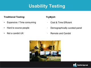 Usability Testing
Traditional Testing:
• Expensive / Time consuming
• Hard to source people
• Not a candid UX
TryMyUI:
· Cost & Time Efficient
· Demographically curated panel
· Remote and Candid