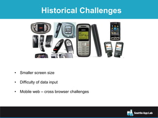 Historical Challenges
• Smaller screen size
• Difficulty of data input
• Mobile web – cross browser challenges