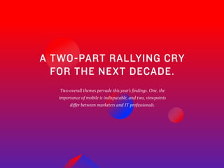 6
A TWO-PART RALLYING CRY
FOR THE NEXT DECADE.
Two overall themes pervade this year’s findings. One, the
importance of mobile is indisputable, and two, viewpoints
differ between marketers and IT professionals.
 