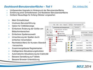 20 
Dashboard-Benutzeroberfläche – Teil 1 
» Umfassendes Upgrade im Hintergrund der Benutzeroberfläche 
» Einführung einer einheitlicheren und flexibleren Benutzeroberfläche 
» Größere Neuauflage für Anfang Oktober vorgesehen 
» Mehr Einheitlichkeit 
» Intuitivere Benutzerführung 
» Option für Vollbildanzeige 
» Einfachere Änderung der Größe von 
Bildschirmbereichen 
» Einfachere Spaltenauswahl 
» Umsortierung der Spalten durch 
einfaches Verschieben 
» Rechtsklick-Menü für Kunden-/Standort 
-Verzeichnis 
» Zusammengefasste Registerkarten 
» Intelligentere Aktualisierungsfunktion 
» Automatische Aktualisierung bei Inaktivität 
» Bessere Darstellung auf Tablets 
» Bessere Browser-Unterstützung 
Ziel: Anfang Okt. 
 