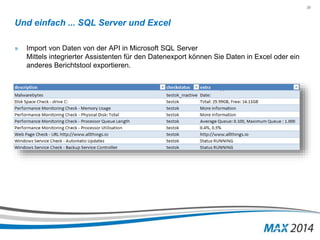 39 
Und einfach ... SQL Server und Excel 
» Import von Daten von der API in Microsoft SQL Server 
Mittels integrierter Assistenten für den Datenexport können Sie Daten in Excel oder ein 
anderes Berichtstool exportieren. 
 