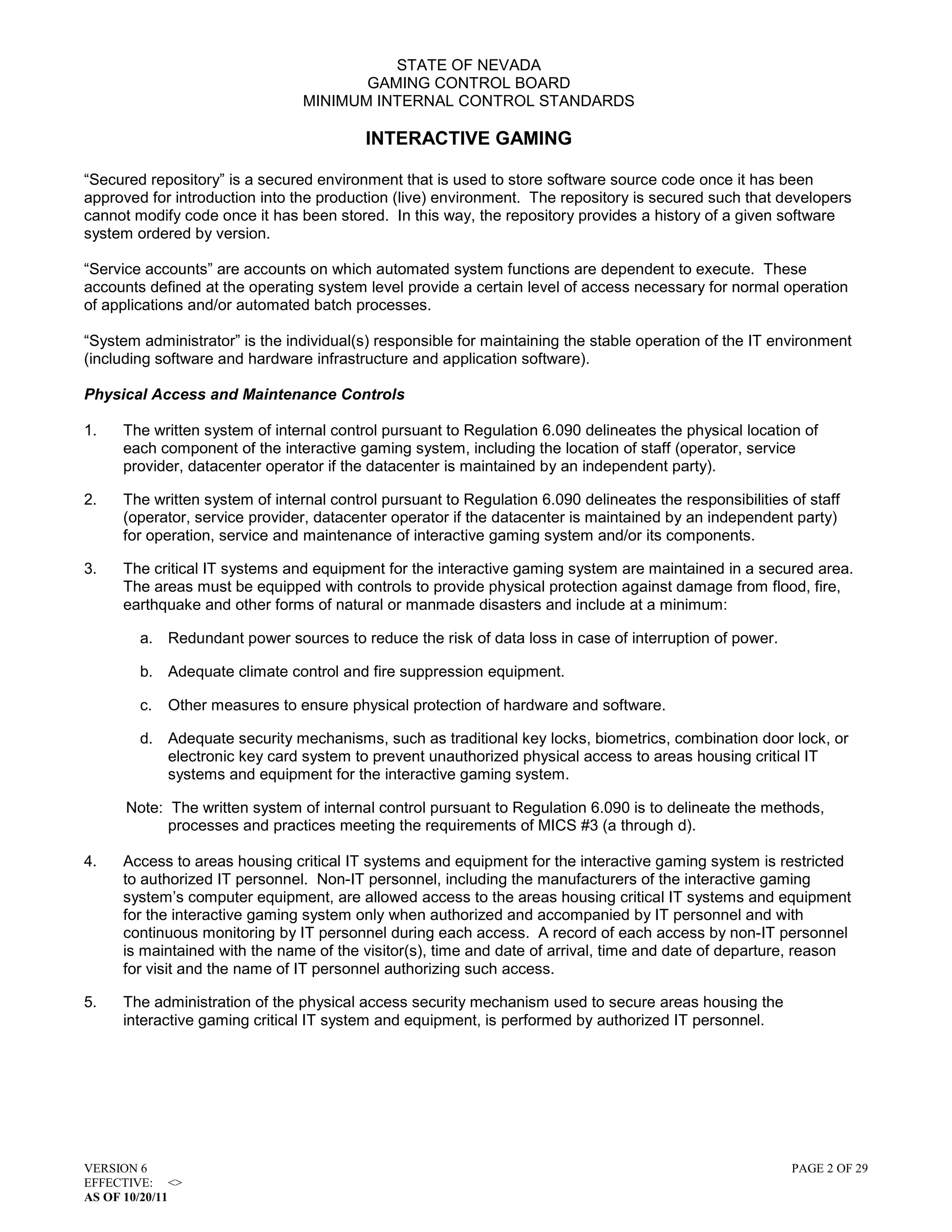 State of Nevada gaming control board minimal internal control standards ...