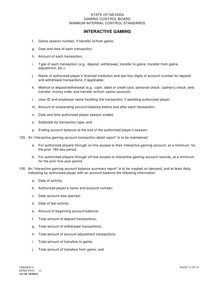 State of Nevada gaming control board minimal internal control standar…