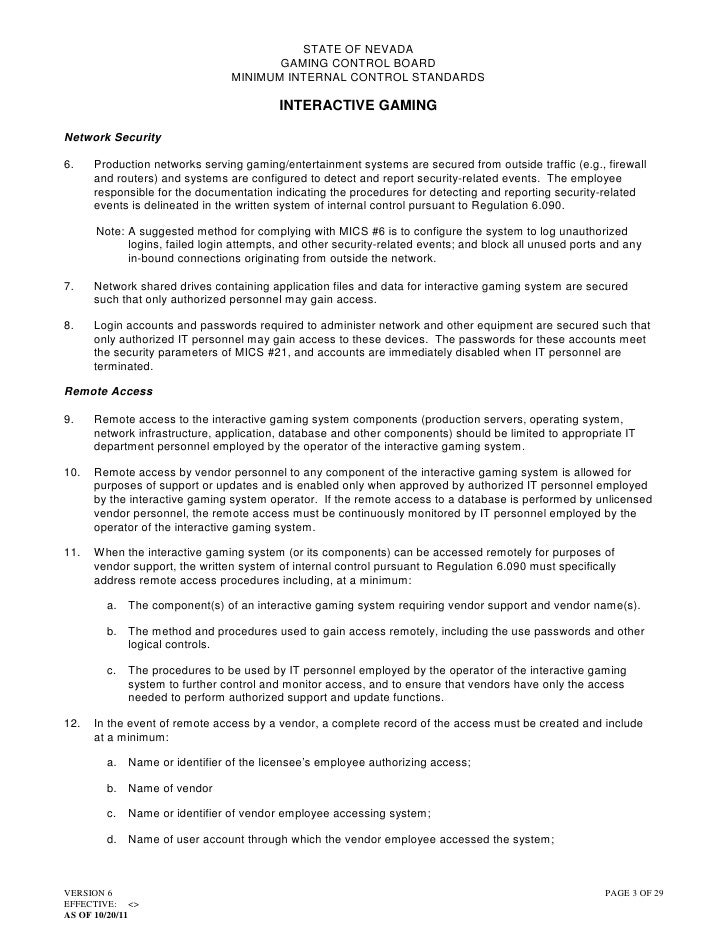 State of Nevada gaming control board minimal internal control standar…