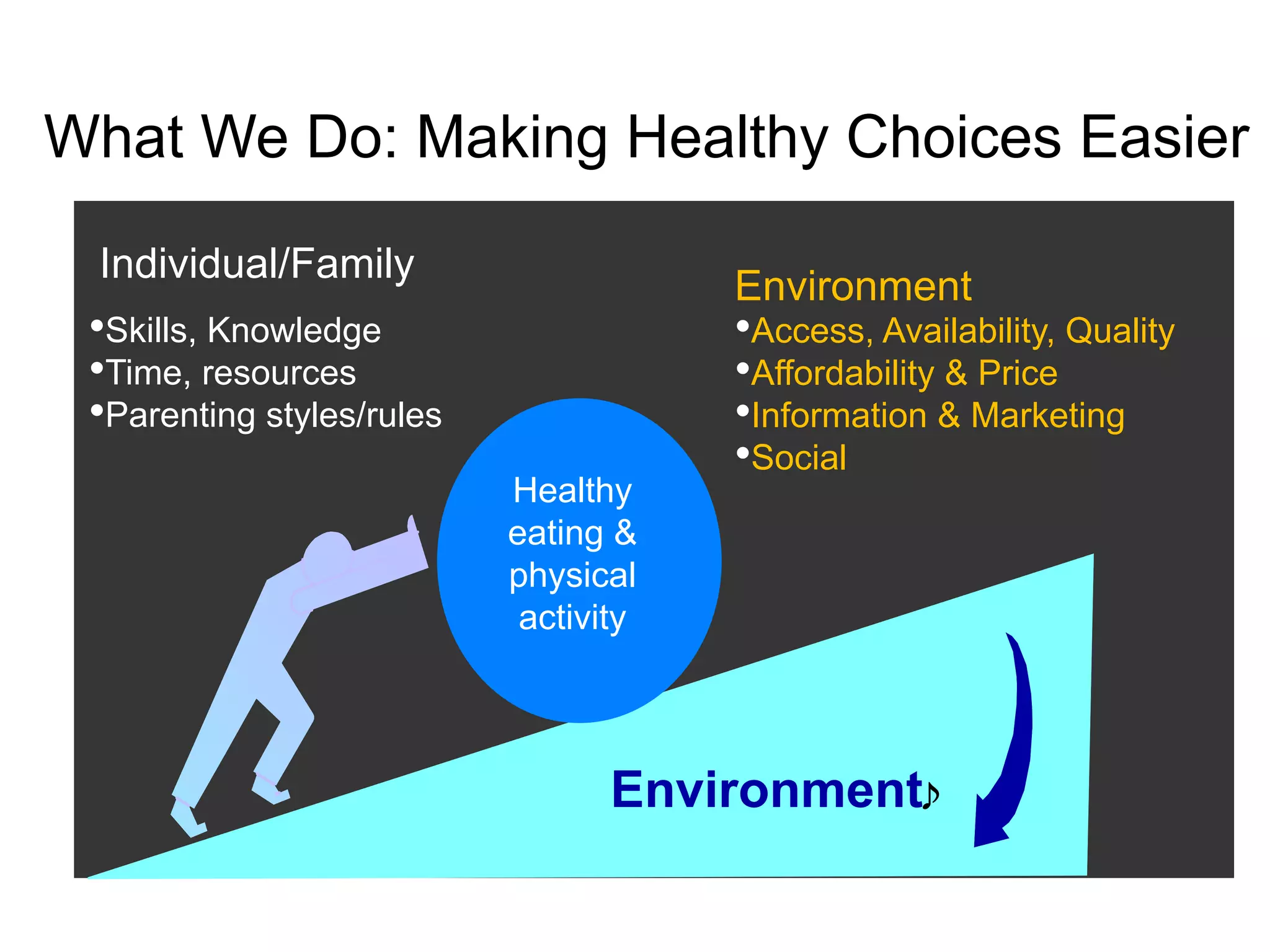 What We Do: Making Healthy Choices Easier
Environment
• Access, Availability, Quality
• Affordability & Price
• Information & Marketing
• Social
• Skills, Knowledge
• Time, resources
• Parenting styles/rules
Individual/Family
Healthy
eating &
physical
activity
Environment
 