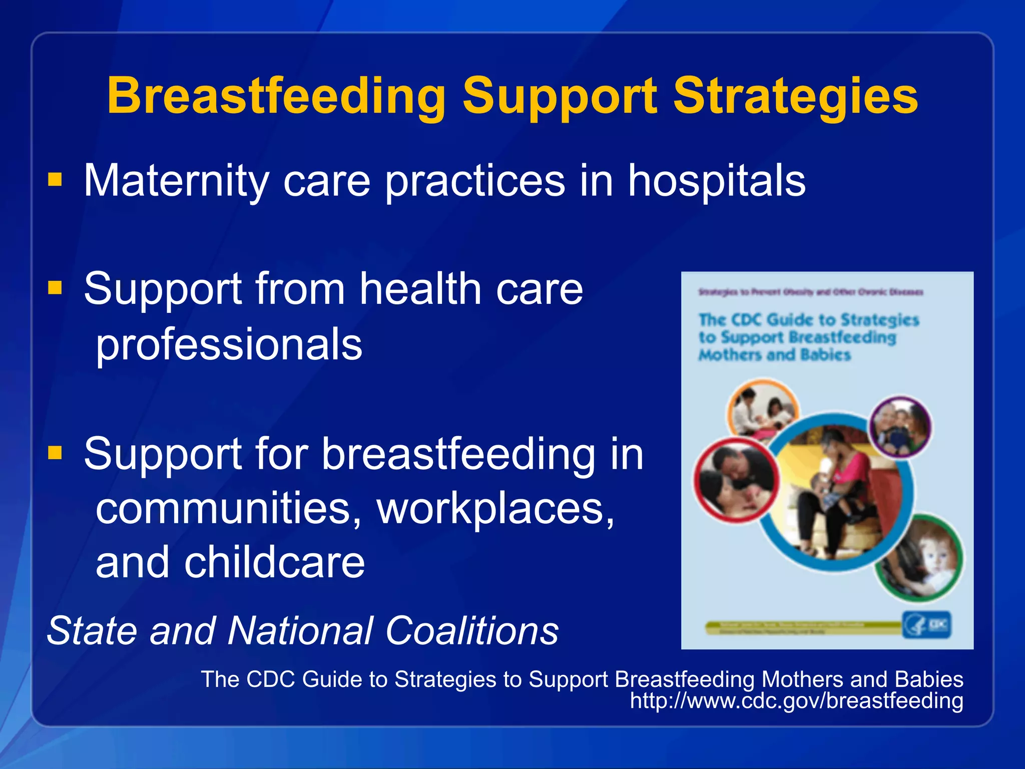 Breastfeeding Support Strategies
§  Maternity care practices in hospitals
§  Support from health care
professionals
§  Support for breastfeeding in
communities, workplaces,
and childcare
State and National Coalitions
The CDC Guide to Strategies to Support Breastfeeding Mothers and Babies
http://www.cdc.gov/breastfeeding
 