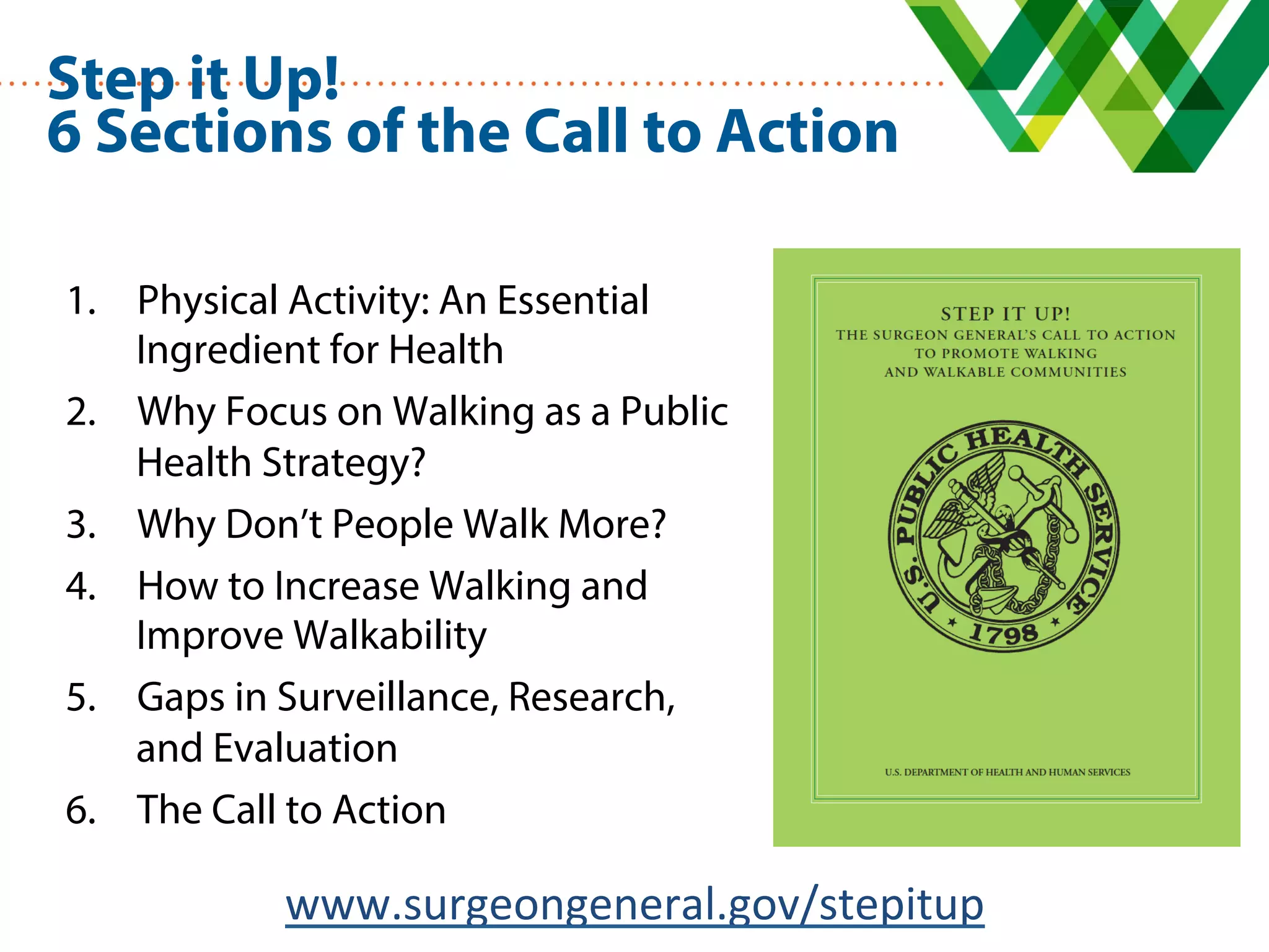 Step it Up!
6 Sections of the Call to Action
1.  Physical Activity: An Essential
Ingredient for Health
2.  Why Focus on Walking as a Public
Health Strategy?
3.  Why Don’t People Walk More?
4.  How to Increase Walking and
Improve Walkability
5.  Gaps in Surveillance, Research,
and Evaluation
6.  The Call to Action
www.surgeongeneral.gov/stepitup	
 