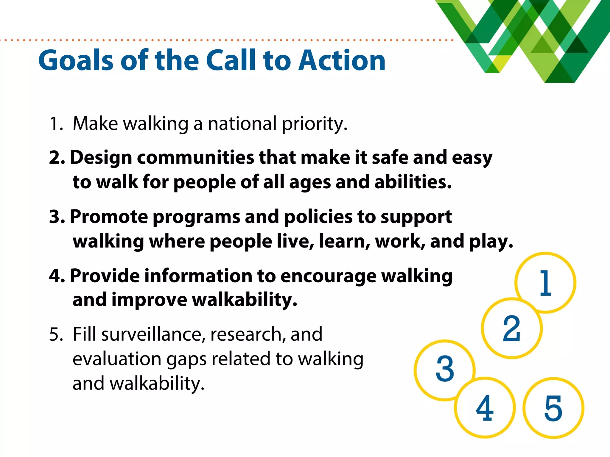 Goals of the Call to Action
1.  Make walking a national priority.
2.  Design communities that make it safe and easy
to walk for people of all ages and abilities.
3.  Promote programs and policies to support
walking where people live, learn, work, and play.
4.  Provide information to encourage walking
and improve walkability.
5.  Fill surveillance, research, and
evaluation gaps related to walking
and walkability.
 
