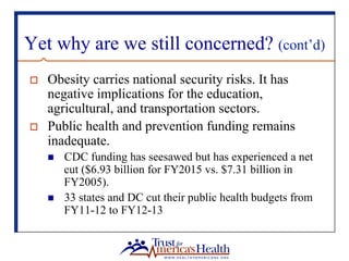 Yet why are we still concerned? (cont’d)
o  Obesity carries national security risks. It has
negative implications for the ...