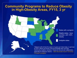 Community Programs to Reduce Obesity
in High-Obesity Areas, FY15, 3 yr
States with a program
Eligible states: have
countie...
