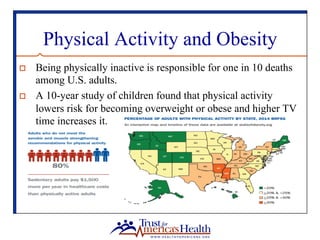 Physical Activity and Obesity
o  Being physically inactive is responsible for one in 10 deaths
among U.S. adults.
o  A 10-...