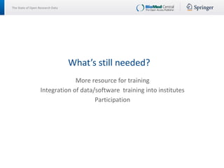 The State of Open Research Data
More resource for training
Integration of data/software training into institutes
Participation
What’s still needed?
 