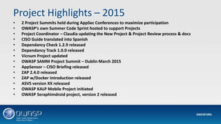 Project Highlights – 2015
• 2 Project Summits held during AppSec Conferences to maximize participation
• OWASP’s own Summer Code Sprint hosted to support Projects
• Project Coordinator – Claudia updating the New Project & Project Review process & docs
• CISO Guide translated into Spanish
• Dependancy Check 1.2.9 released
• Dependancy Track 1.0.0 released
• Vicnum Project updated
• OWASP SAMM Project Summit – Dublin March 2015
• AppSensor – CISO Briefing released
• ZAP 2.4.0 released
• ZAP w/Docker introduction released
• ASVS version XX released
• OWASP KALP Mobile Project initiated
• OWASP Seraphimdroid project, version 2 released
 