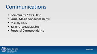 Communications
• Community News Flash
• Social Media Announcements
• Mailing Lists
• SalesForce Messaging
• Personal Correspondence
 