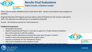These last two week’s OWASP Summer Code Sprint 2015 mentors and students have wrapped up
activities.
Originally Received 39 Proposals and were able to select 8 Students for the Summer Code Sprint
2015. The selections was difficult due to competitive proposals.
Results: All 8 Students passed the Final Evaluations.
Feedback & Experience:
• Amazing Performance!
• OWASP Seraphimdroid Project is now able to apply for a Project Review Graduation
due to the work done with the student.
• Project’s quality robustness increased like never over the past 2 months!
• Excellent work and worked beyond the original plan!
• Gained a contributor for the Hackademic Project.
• High level of dedication with excellent results
• Students were happy to work with such great mentors and excited about the projects.
Results Final Evaluations
Fabio Cerullo, Initiative Leader
 