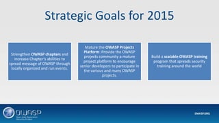 Strengthen OWASP chapters and
increase Chapter’s abilities to
spread message of OWASP through
locally organized and run events.
Mature the OWASP Projects
Platform: Provide the OWASP
projects community a mature
project platform to encourage
senior developers to participate in
the various and many OWASP
projects.
Build a scalable OWASP training
program that spreads security
training around the world
Strategic Goals for 2015
 