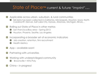 State of Place™ current & future “imprint”…

¤  Applicable across urban, suburban, & rural communities
   ¤  IMI data has been collected in California, Minneapolis, Houston, Iowa, North
       Carolina RT, Denver, Salt Lake City, Kansas, Arkansas, Michigan, Illinois…

¤  Rolling out State of Place in other metros
   ¤  San Francisco/Bay area – Spring 2013
   ¤  Houston, Phoenix, Seattle, Los Angeles

¤  Incorporating a broader set of economic indicators
   ¤  Job creation, retention, firm recruitment
   ¤  Health Metrics

¤  App – available soon!

¤  Partnering with universities

¤  Working with underprivileged community
   ¤    Brownsville + NYU-Poly

¤  China – in progress!
 