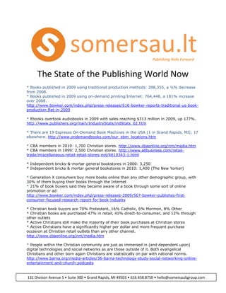 123825-9525Publishing Rolls Forwardsomersau.lt<br />The State of the Publishing World Now<br />* Books published in 2009 using traditional production methods: 288,355, a ½% decrease from 2008. <br />* Books published in 2009 using on-demand printing/Internet: 764,448, a 181% increase over 2008.<br />http://www.bowker.com/index.php/press-releases/616-bowker-reports-traditional-us-book-production-flat-in-2009<br />* Ebooks overtook audiobooks in 2009 with sales reaching $313 million in 2009, up 177%.<br />http://www.publishers.org/main/IndustryStats/indStats_02.htm<br />* There are 19 Espresso On-Demand Book Machines in the USA (1 in Grand Rapids, MI); 17 elsewhere. http://www.ondemandbooks.com/our_ebm_locations.htm<br />* CBA members in 2010: 1,700 Christian stores. http://www.cbaonline.org/nm/media.htm<br />* CBA members in 1999: 2,500 Christian stores. http://www.allbusiness.com/retail-trade/miscellaneous-retail-retail-stores-not/4610343-1.html<br />* Independent bricks-&-mortar general bookstores in 2000: 3,250<br />* Independent bricks & mortar general bookstores in 2010: 1,400 (The New Yorker)<br />* Generation X consumers buy more books online than any other demographic group, with 30% of them buying their books through the Internet<br />* 21% of book buyers said they became aware of a book through some sort of online promotion or ad<br />http://www.bowker.com/index.php/press-releases-2009/567-bowker-publishes-first-consumer-focused-research-report-for-book-industry<br />* Christian book buyers are 70% Protestant, 16% Catholic, 6% Mormon, 8% Other <br />* Christian books are purchased 47% in retail, 41% direct-to-consumer, and 12% through other outlets <br />* Active Christians still make the majority of their book purchases at Christian stores <br />* Active Christians have a significantly higher per dollar and more frequent purchase occasion at Christian retail outlets than any other channel.<br />http://www.cbaonline.org/nm/media.htm<br />* People within the Christian community are just as immersed in (and dependent upon) digital technologies and social networks as are those outside of it. Both evangelical Christians and other born again Christians are statistically on par with national norms.<br />131 Division Avenue S • Suite 300 • Grand Rapids, MI 49503 • 616.458.8750 • hello@somersaultgroup.comhttp://www.barna.org/media-articles/36-barna-technology-study-social-networking-online-entertainment-and-church-podcasts<br />* Each successive generation is adopting and using technology at a significantly greater pace than their predecessors.<br />http://www.barna.org/media-articles/212-new-research-explores-how-technology-drives-generation-gap<br />* 3 million iPads sold in 80 days. http://www.ipadinsider.com/tag/ipad-sales-figures/<br />* Apple projects it will sell 16 million iPads in the first 12 months.<br />* Internet users worldwide: 1.8 billion. http://www.internetworldstats.com/stats.htm<br />* Internet users in the USA: 228 million. http://www.internetworldstats.com/am/us.htm<br />* Number of blogs worldwide: 133 million. http://thefuturebuzz.com/2009/01/12/social-media-web-20-internet-numbers-stats/<br />* Generation X consumers buy more books online than any other demographic group, with 30% of them buying their books through the Internet<br />* 21% of book buyers said they became aware of a book through some sort of online promotion or ad<br />http://www.bowker.com/index.php/press-releases-2009/567-bowker-publishes-first-consumer-focused-research-report-for-book-industry<br />* ¾ of American Millennials (teens and 20-somethings) have created a profile on a social networking site.<br />* 1 in 5 have posted a video of themselves online.<br />* They are the least overtly religious American generation in modern times.<br />http://pewresearch.org/pubs/1501/millennials-new-survey-generational-personality-upbeat-open-new-ideas-technology-bound<br />* 27% of American Millennials say they read the Bible on a weekly basis.<br />http://pewforum.org/Age/Religion-Among-the-Millennials.aspx<br />* Worldwide mobile phone sales to end users totalled 315 million units in the first quarter of 2010, a 17% increase from the same period in 2009. Smarpthone sales to end users reached 54 million units, an increase of 49% from the first quarter of 2009.<br />http://www.gartner.com/it/page.jsp?id=1372013<br />* 55% of American adults connect to the Internet wirelessly, either through a WiFi or WiMax connection via their laptops or through their handheld device like a smart phone.<br />http://www.pewinternet.org/Reports/2010/Internet-broadband-and-cell-phone-statistics.aspx<br />* News today is increasingly a shared, social experience. Half of Americans say they rely on the people around them to find out at least some of the news they need to know.<br />http://pewresearch.org/pubs/1602/new-media-review-differences-from-traditional-press<br />* Facebook has more than 400 million active members. http://www.facebook.com/#!/press/info.php?statistics<br />* If Facebook were a country, it would be the 3rd most populated in the world, after China and India; ahead of USA, Indonesia, Brazil, Pakistan, Bangladesh, Nigeria, Russia, and Japan. http://en.wikipedia.org/wiki/World_population<br />* More people populate Facebook than are citizens of Canada, UK, Germany, Italy and France COMBINED. http://en.wikipedia.org/wiki/World_population<br />* Twitter has more than 106 million registered users. http://www.huffingtonpost.com/2010/04/14/twitter-user-statistics-r_n_537992.html<br />* YouTube has more than 135 million monthly viewers. http://www.comscore.com/Press_Events/Press_Releases/2010/4/comScore_Releases_March_2010_U.S._Online_Video_Rankings/(language)/eng-US<br />* 24 hours of video uploaded to YouTube every minute. http://youtube-global.blogspot.com/2010/03/oops-pow-surprise24-hours-of-video-all.html<br />* 69% of adult Internet users have used the Internet to watch or download video.<br />http://pewresearch.org/pubs/1611/video-online-comedy-political-television-movies-you-tube<br />* In 2005, nearly half of all Americans read at least one religious book, other than the Bible, from cover to cover in the past two years.<br />http://www.barna.org/barna-update/article/5-barna-update/176-religious-books-attract-a-diverse-audience-dominated-by-women-and-boomers?q=book+reading<br />