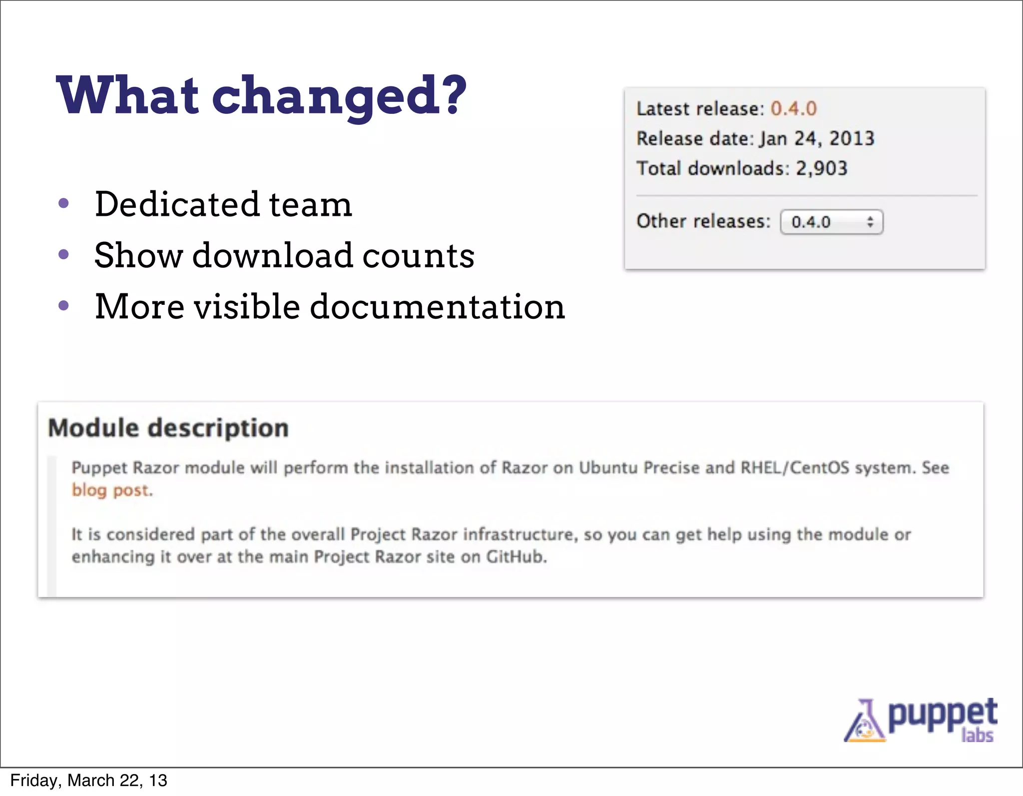 What changed?

     • Dedicated team
     • Show download counts
     • More visible documentation




Friday, March 22, 13
 